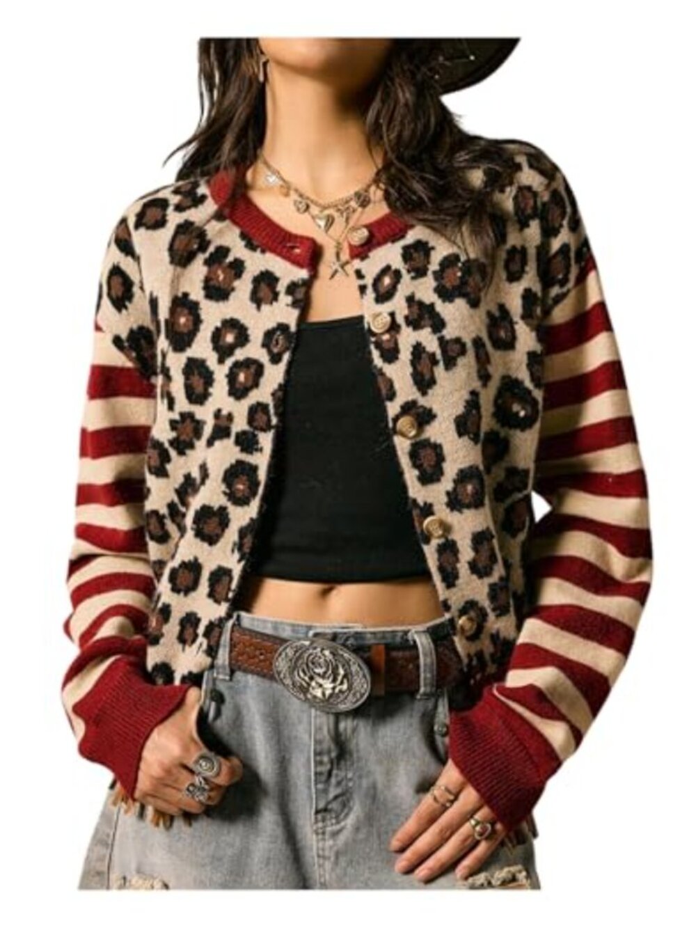 Women's Leopard Striped Button Down Cardigan Long Sleeve Crew Neck Knit